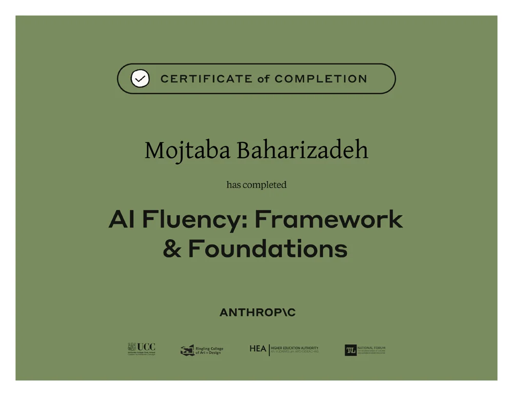 AI Fluency: Framework & Foundations — certificate awarded to Mojtaba Baharizadeh