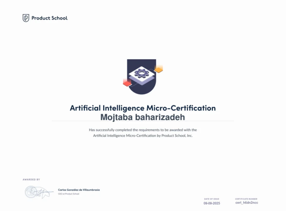 Artificial Intelligence Micro-Certification — certificate awarded to Mojtaba Baharizadeh