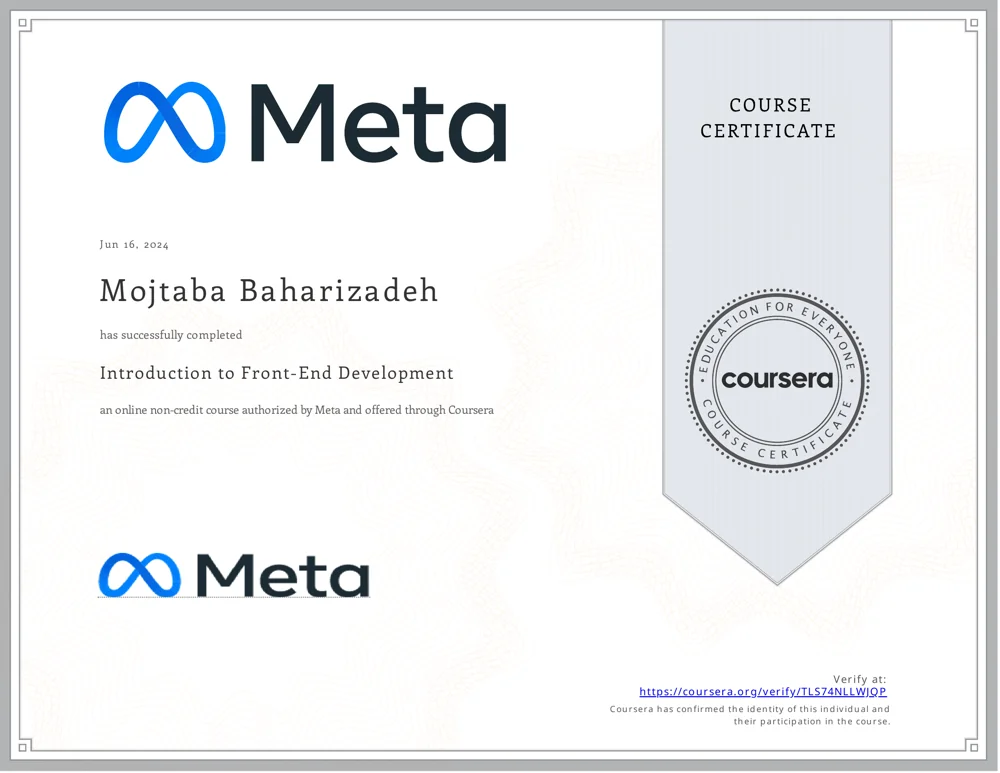 Introduction to Front-End Development — certificate awarded to Mojtaba Baharizadeh