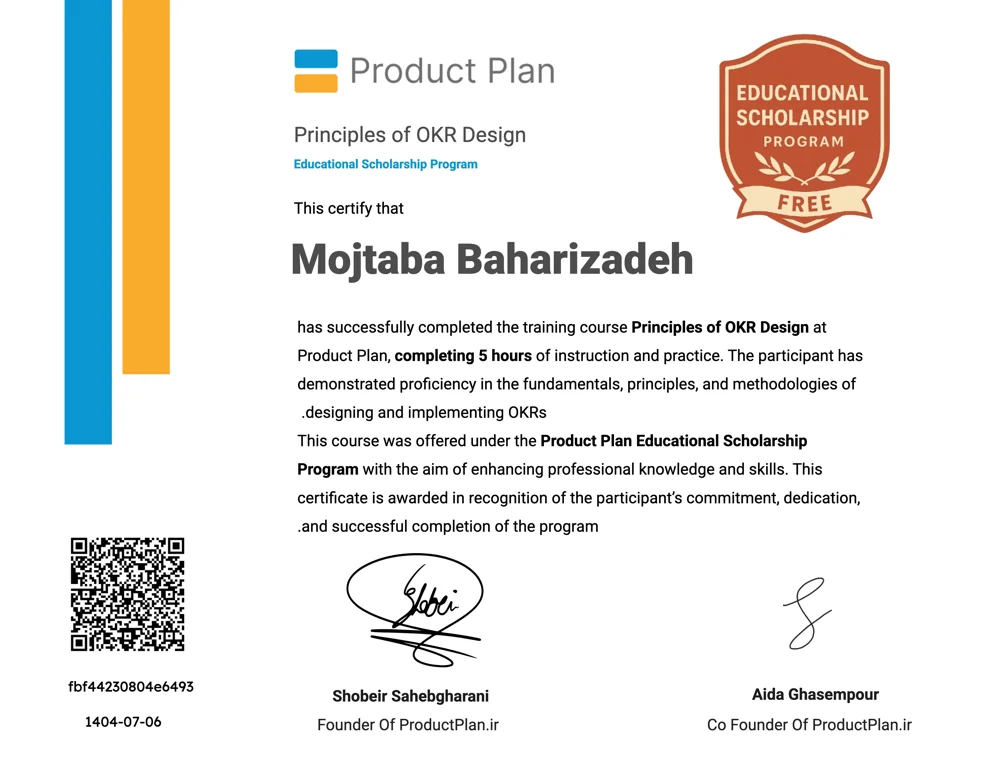 Principles of OKR Design — certificate awarded to Mojtaba Baharizadeh