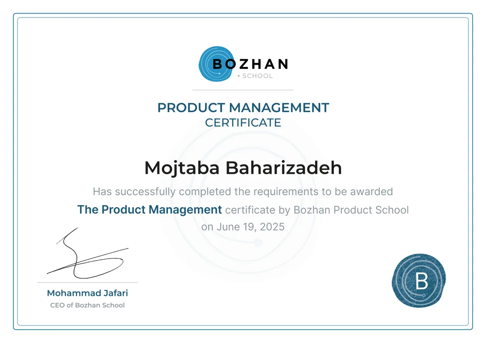 Product Management — certificate awarded to Mojtaba Baharizadeh
