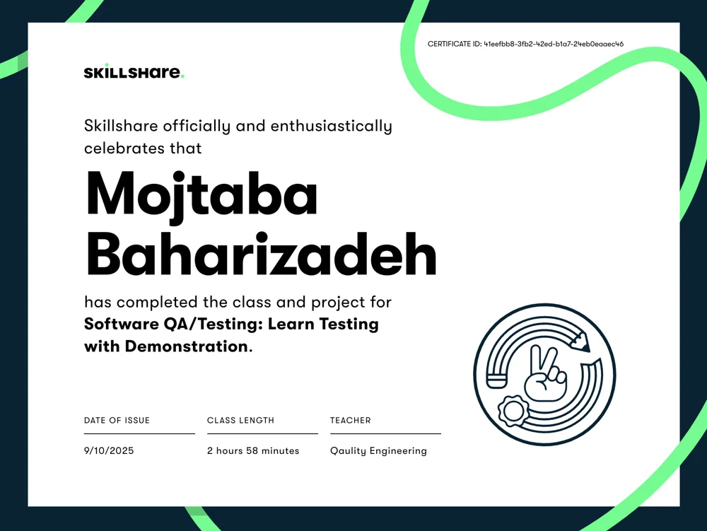 Software QA/Testing: Learn Testing with Demonstration — certificate awarded to Mojtaba Baharizadeh